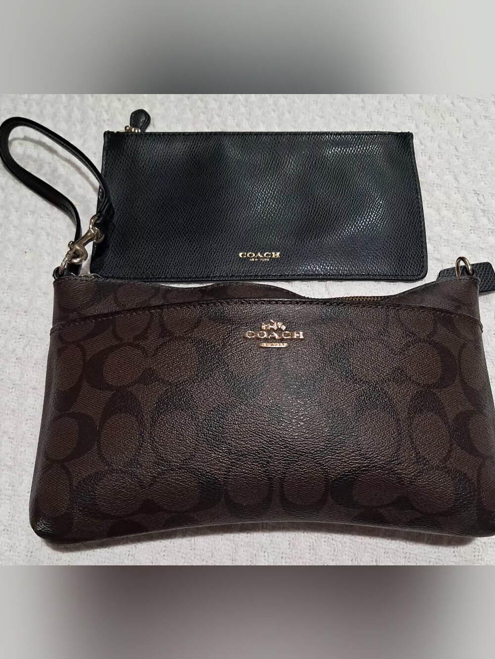 Coach Brown Signature Coated Canvas and Black Leather Wristlet Set